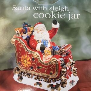 Shiny Ceramic Waving Santa in Sleigh Cookie Jar in Box